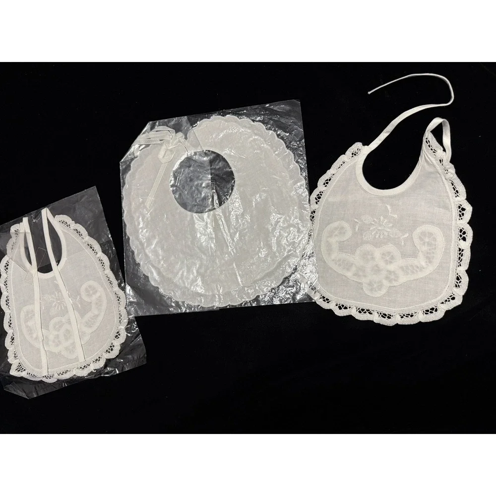 Lot of 3 New VTG White Floral Embroidery‎ Drawstring Doll Bibs